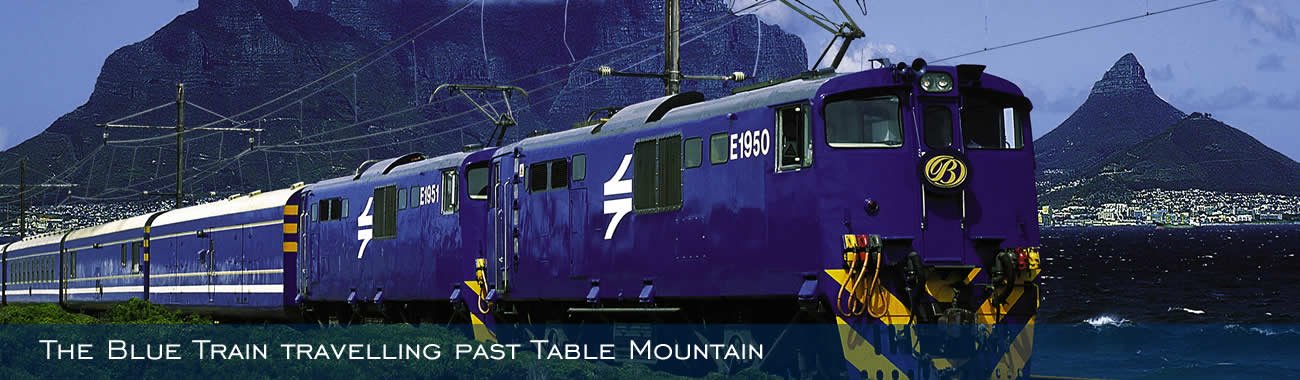 The Blue Train travelling past Table Mountain