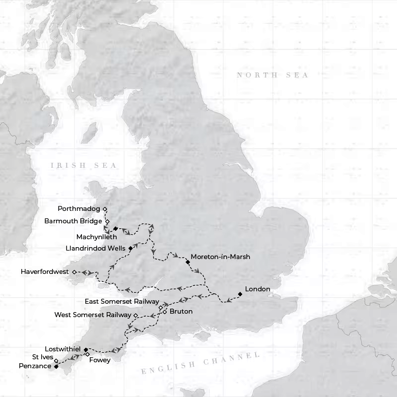 Map of the Britannic Explorer Cornwall and Wales Autumn 6-night tour route