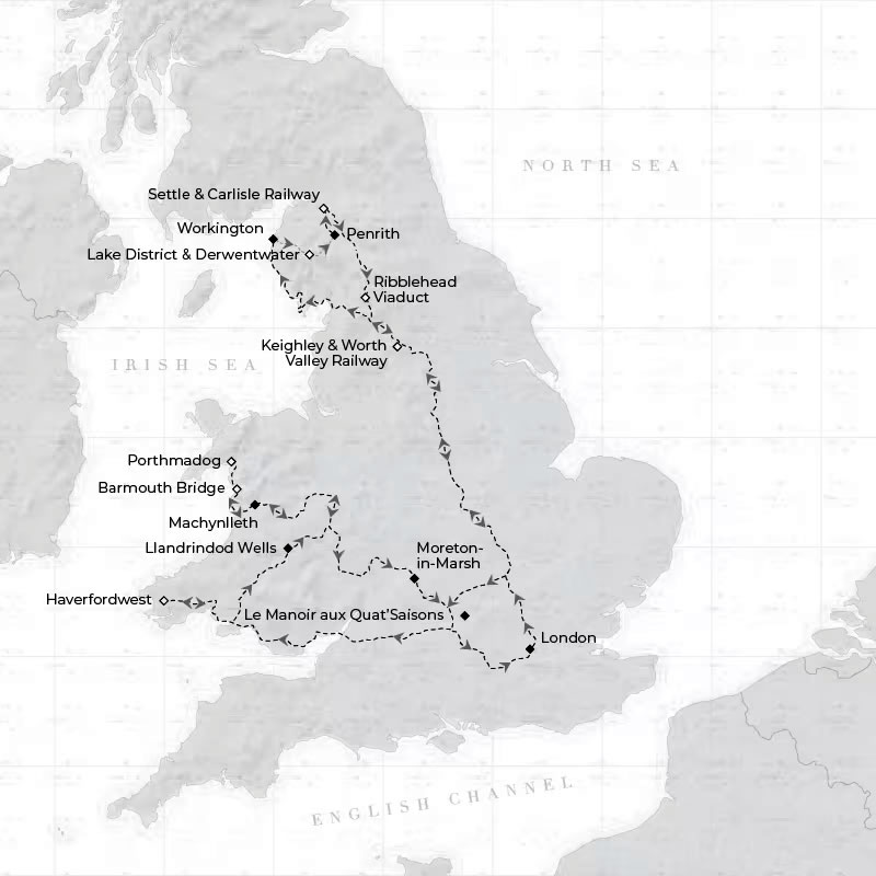 Map of the Britannic Explorer Lake District and Wales Autumn 6-night tour route