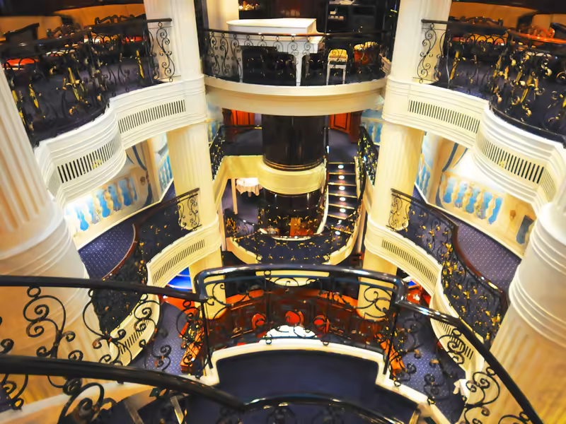 Looking down through the atrium of Royal Clipper to the dining room below