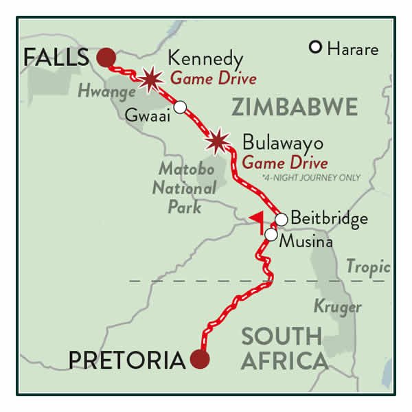 Rovos Rail Victoria Falls to Pretoria Map